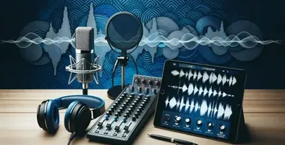 Configuração profissional de transcrição de podcast com um microfone e fones de ouvido enfatizando os serviços de transcrição.