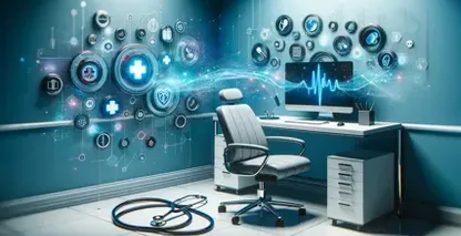 Dijital sağlık sembolleri ve holografik vurgularla modern bir ofiste tıbbi transkripsiyon uygulamaları