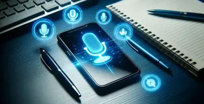 Adicione texto ao vídeo em dispositivos Samsung, ilustrado por um smartphone Samsung exibindo símbolos de comando de voz em uma mesa