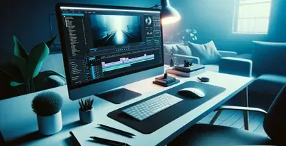 Menambah teks pada video dengan Adobe After Effects digambarkan oleh ruang kerja pengeditan yang anggun dengan cahaya biru