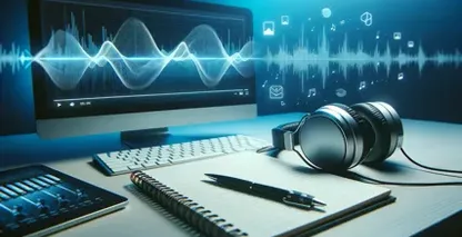 סביבת עבודה עתידנית לעריכת אודיו ווידאו המוארת בזוהר כחול רך.