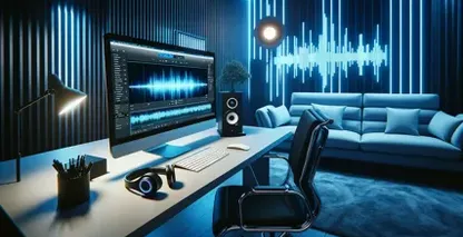 Um sofisticado estúdio de edição de áudio banhado por uma luz azul fria