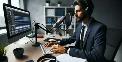 Audio a texto para tomar notas representado por un profesional con auriculares, hablando por un micrófono de estudio en un moderno espacio de trabajo.