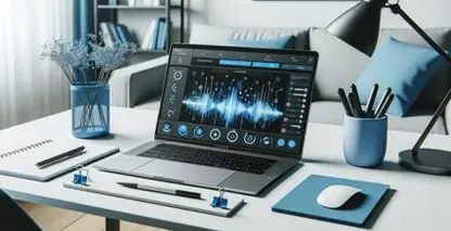 Um laptop exibe com destaque um software avançado de conversão de áudio em texto.