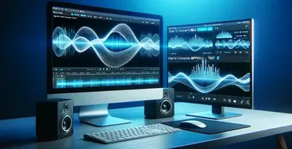 Audio and video editing workstation with two screens prominently displaying waveforms and editing tools.