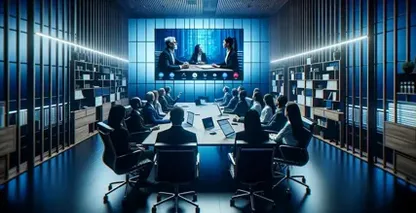 Transcrição de reunião observada enquanto profissionais em uma sala com iluminação azul assistem a uma chamada de vídeo com três pessoas.
