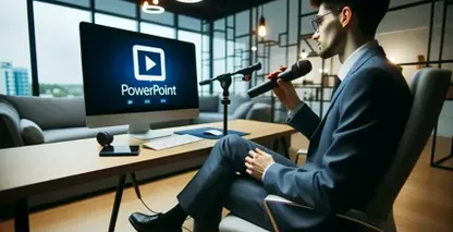 PowerPointのロゴが表示されたモニターを見るマイクを持ったオフィスの男性。