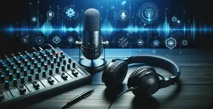 Los podcasts son accesibles con un equipo de estudio que incluye micrófono, auriculares y una pantalla que muestra formas de onda de audio.