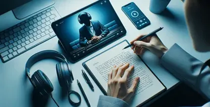 A transcrição de áudio ao vivo é enfatizada em uma mesa com um tablet mostrando um homem com fones de ouvido, ao lado de um smartphone