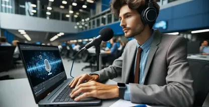 インタビューのテープ起こしをするプロ、ノートパソコンにマイクのアイコンが表示されている、忙しいオフィスの背景。
