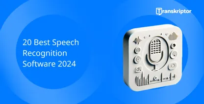 Speech recognition, showing a figure with microphone and sound waves, for audio processing technology.