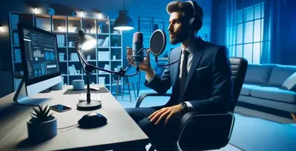 Um homem vestido formalmente senta-se em uma mesa, segurando um microfone, enquanto usa um conversor de fala para texto