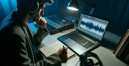 Gravações de áudio para estudo ilustradas por um homem com fones de ouvido analisando a forma de onda em um laptop.