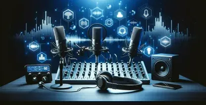 Zvukové zařízení a mikrofon umístěné na stole pro přepis podcastů, strategie pro přilákání více zákazníků.