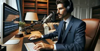 Advogado em um processo usando software de transcrição para analisar gravações legais.