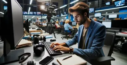 Jornalista em uma redação movimentada usando um software de transcrição em seu computador.

