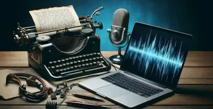 Software de transcrição para escritores representado por uma máquina de escrever antiga, texto digitado, um microfone e um laptop.