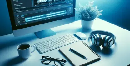 Workspace with computer displaying audio transcription software, headphones, notepad, glasses, and mug.