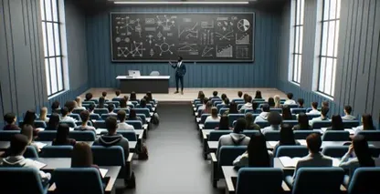 Strategi pengambilan nota yang ditekankan oleh pengajar yang membentangkan di dalam bilik darjah moden dengan papan hitam terperinci.