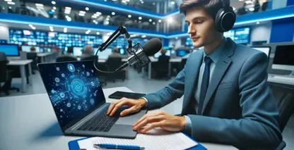 Pria dengan headphone dan mikrofon, laptop yang menampilkan antarmuka digital, menyoroti transkripsi wawancara.
