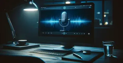 Tekstdicteerder in een studio met koptelefoon en microfoon bereidt zich voor met een holografische interface op zijn laptop.