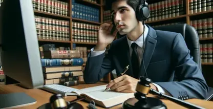 Legal transcription services showcased by a professional with headphones in a law library.