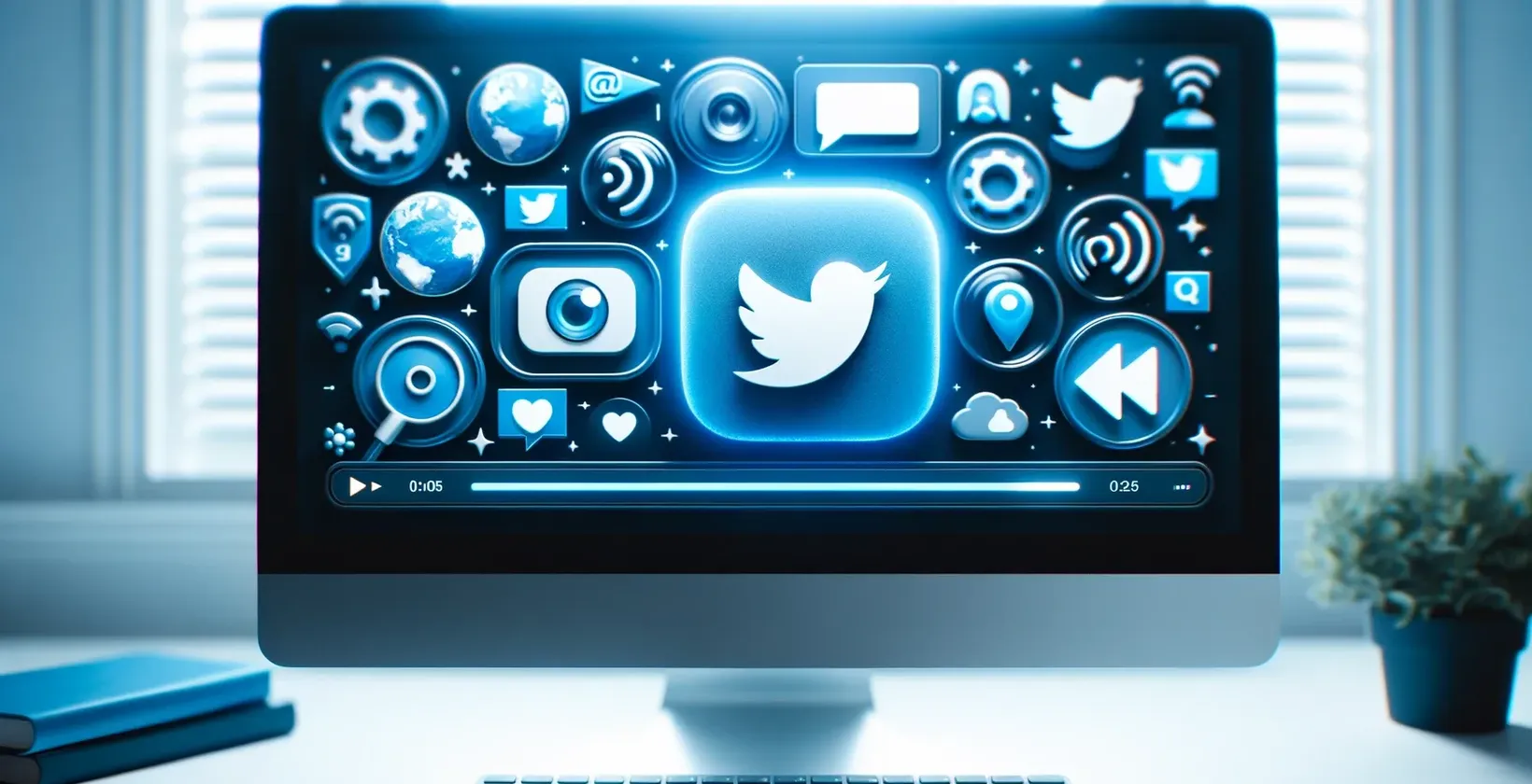 Twitter videos captions displayed on a monitor with icons emphasizing global connectivity and media controls