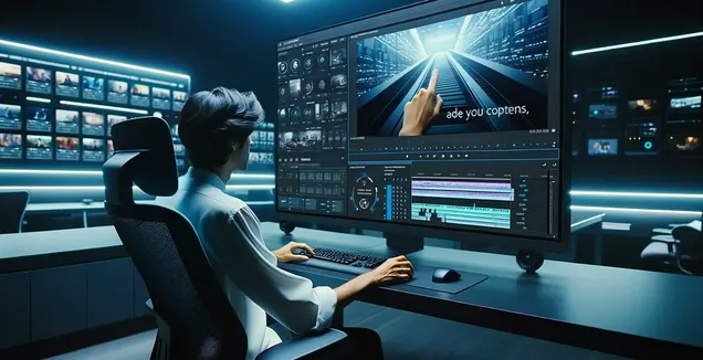 Legendas-em-iMovie apresentadas por um editor trabalhando em uma tela grande, estúdio de alta tecnologia com miniaturas de vídeo.