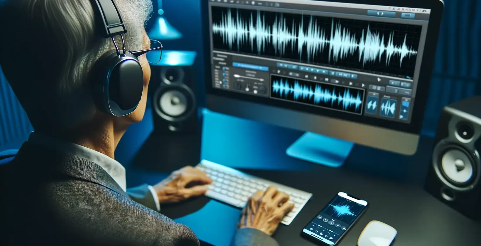 Audio to text for hard of hearing scene shows a silver-haired in headphones working at a blue-lit desk with glasses.
