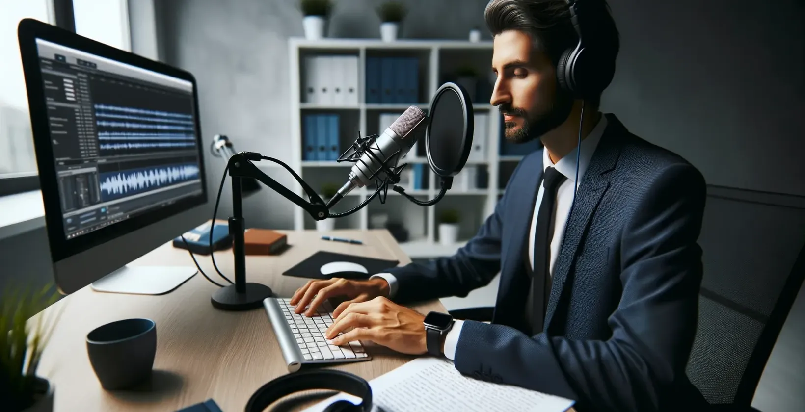 Áudio para texto para fazer anotações, representado por um profissional com fones de ouvido, falando em um microfone de estúdio em um espaço de trabalho moderno
