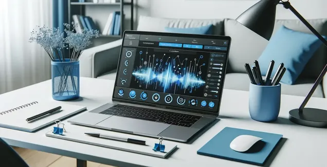 Um laptop exibe com destaque um software avançado de conversão de áudio em texto.