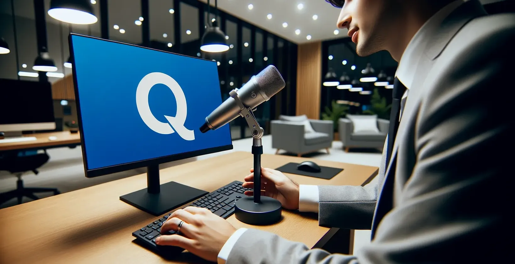 Person with mic using Dictation-in-Outlook faces monitor with a 'Q' icon suggesting voice commands.