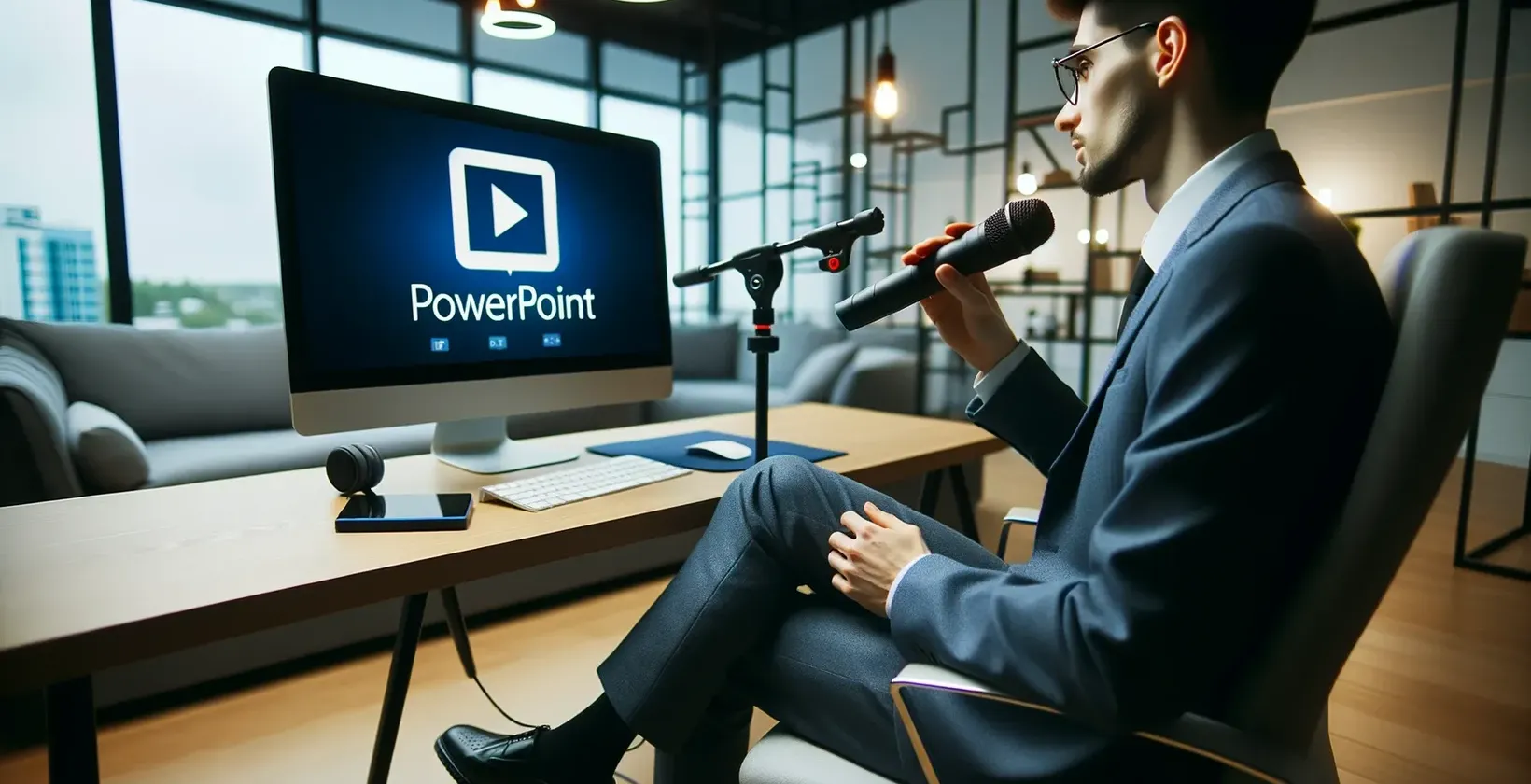 Homem no escritório com microfone olha para o monitor que exibe o logotipo PowerPoint.