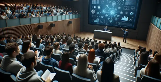 Auditório com público assistindo a uma tela em um evento de transcrição de palestras