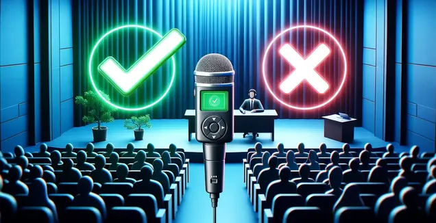 Lecture transcription pros and cons illustrated by illuminated check and cross symbols next to a microphone.