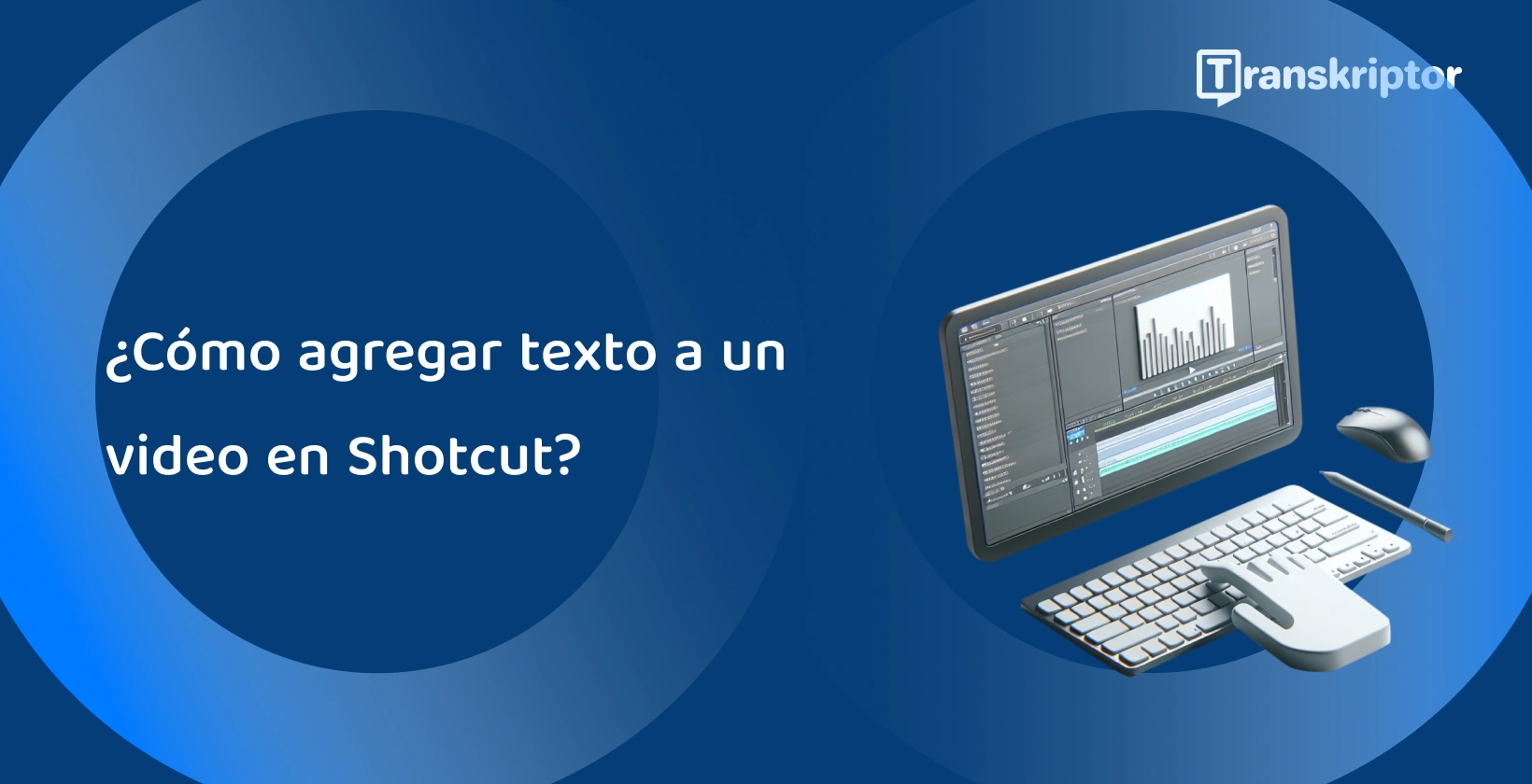 Software de edición de video Shotcut en un monitor con herramientas de forma de onda y texto, para agregar subtítulos y títulos a los videos.