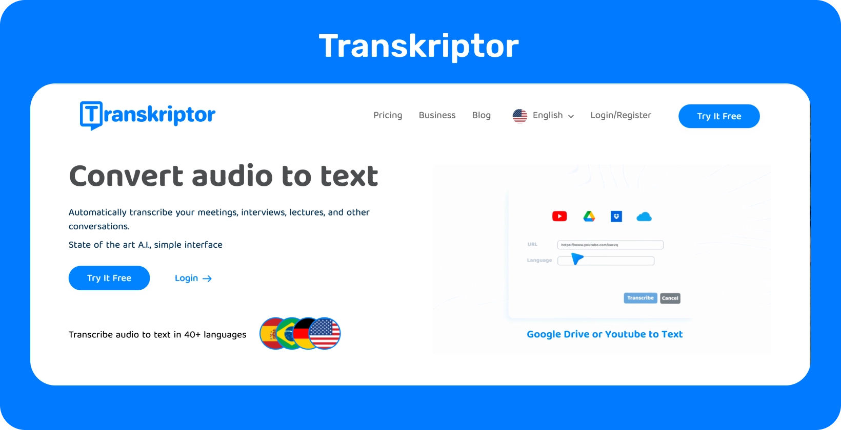 صفحة الويب الخاصة ب Transkriptor تشير إلى ميزة "تحويل الصوت إلى نص" ، وهي جاهزة للنسخ السهل.