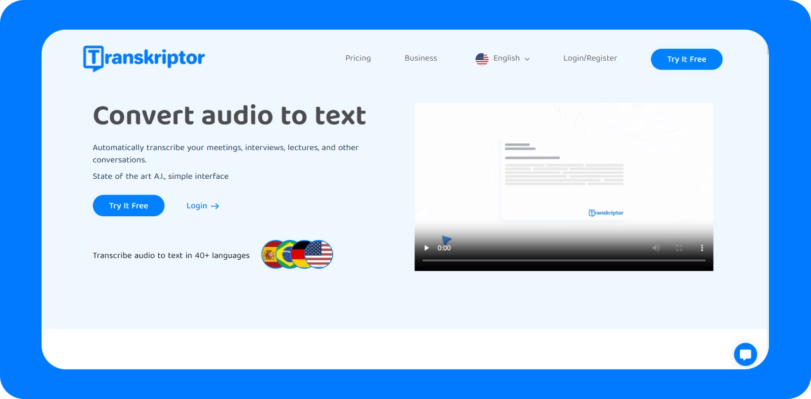 Interfaz de Transkriptor que muestra el servicio 'Convertir audio a texto' con soporte multilingüe.