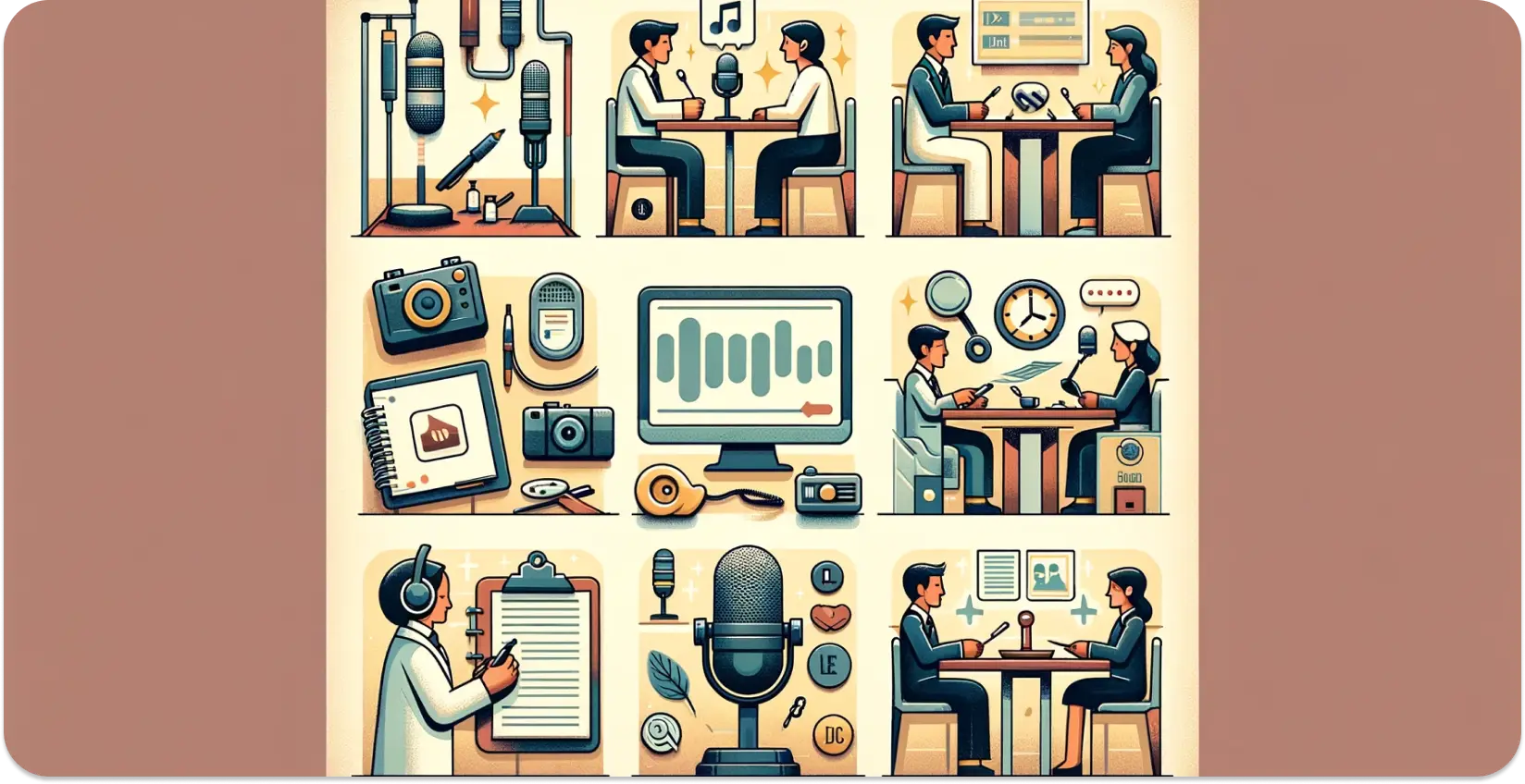 Illustrative panels showing the evolution of audio transcription from recording to documentation.