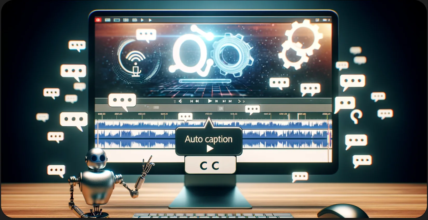 Uma configuração de desktop com legendas automáticas exibidas na tela, acompanhadas por uma estatueta de robô.