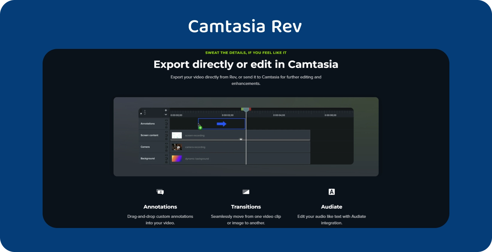 Camtasia's interface with the export captions option highlighted, indicating streamlined captioning workflow.