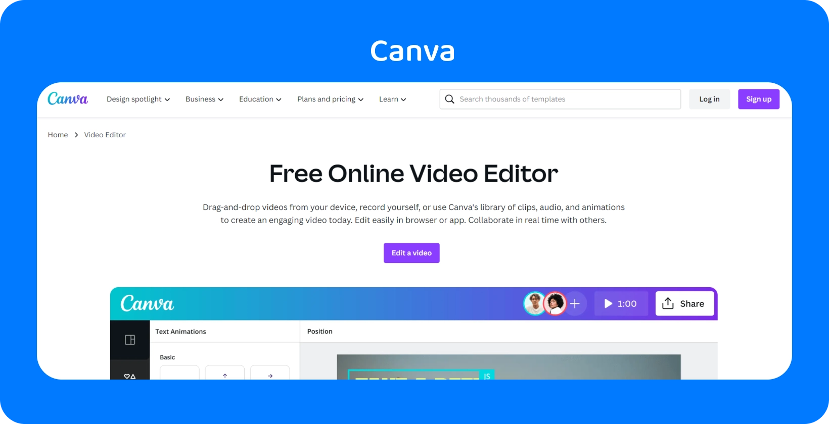 Корисничкиот интерфејс на Canva е прикажан со различни опции за дизајн за социјалните медиуми, презентациите, видеата и други.