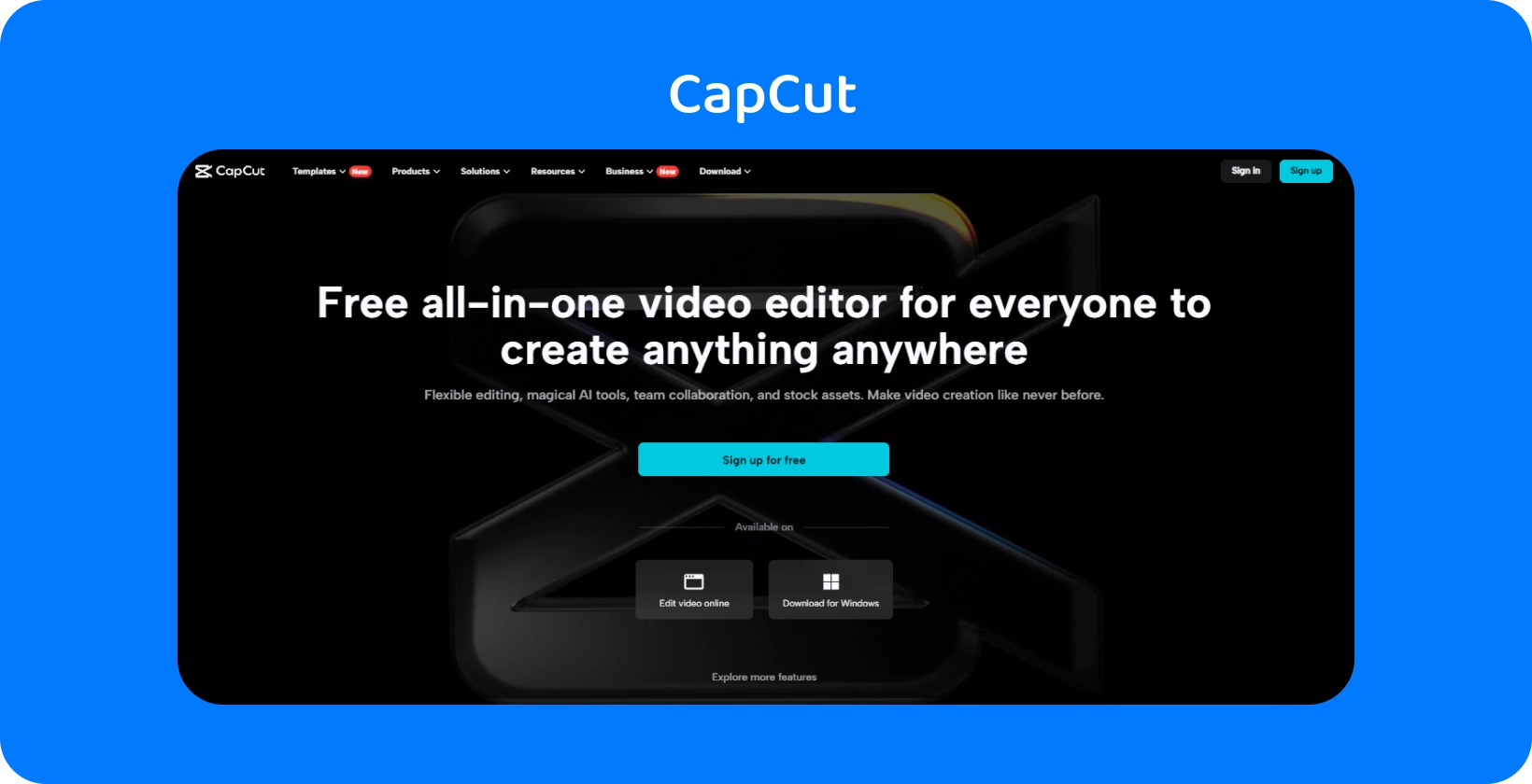 Почетната страница на CapCut прикажува бесплатен, се-во-еден видео уред за создавање на содржини на било кој уред, со темен и елегантен дизајн.
