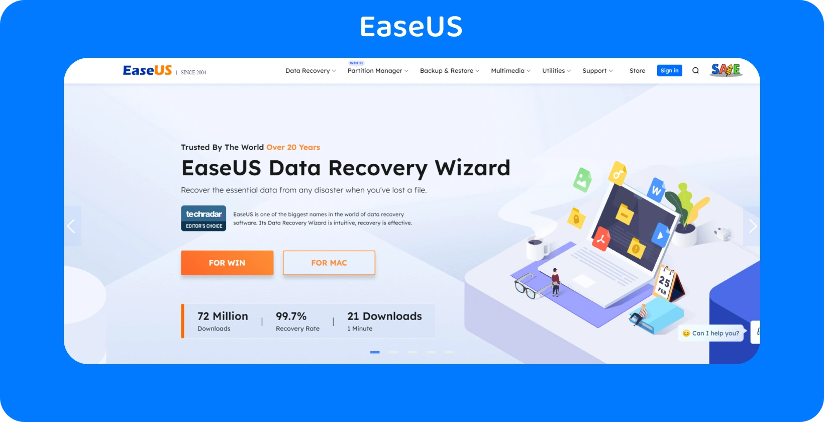 EaseUS página do Data Recovery Wizard, oferecendo uma solução confiável para restaurar dados perdidos com uma alta taxa de recuperação.