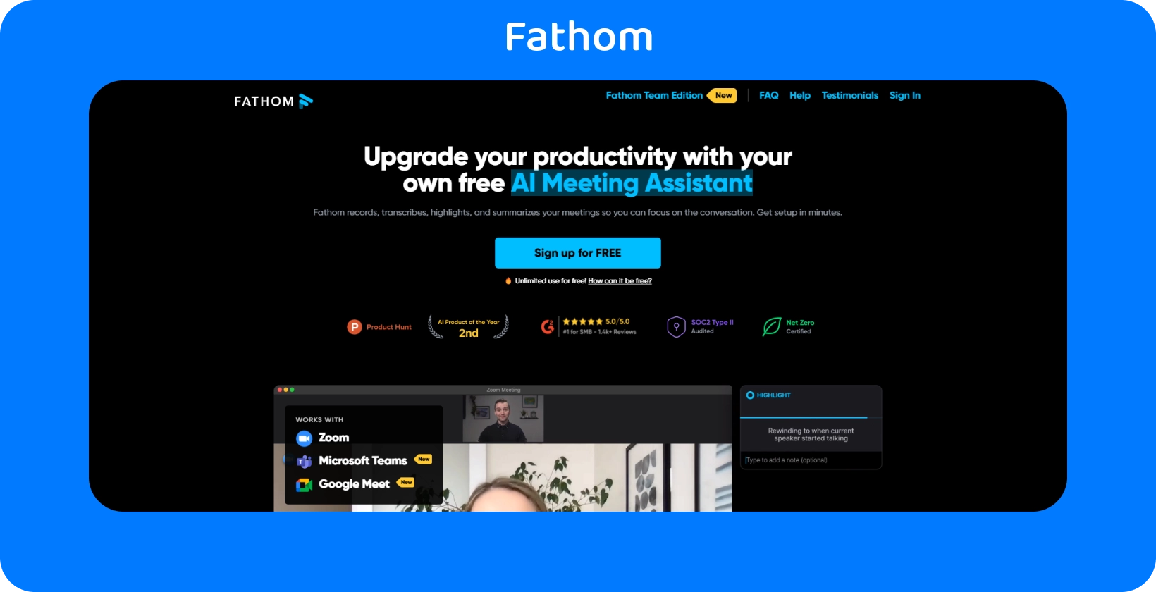 A página da Web da Fathom mostra seu AI Assistente de Reunião para maior produtividade por meio de serviços de gravação e transcrição.
