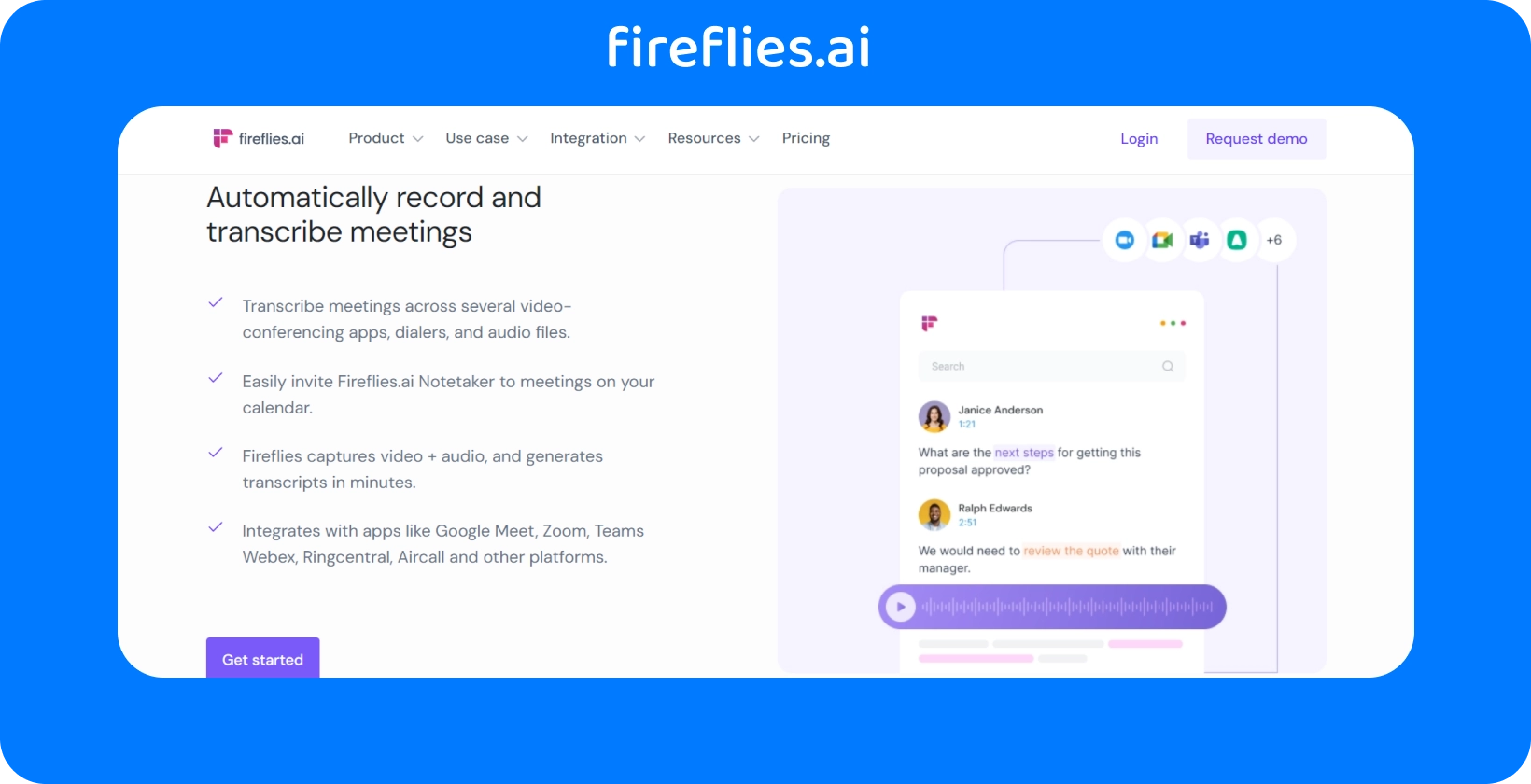 Captura de tela do Fireflies.ai, uma ferramenta líder de transcrição de chamadas, mostrando sua interface e funcionalidade.