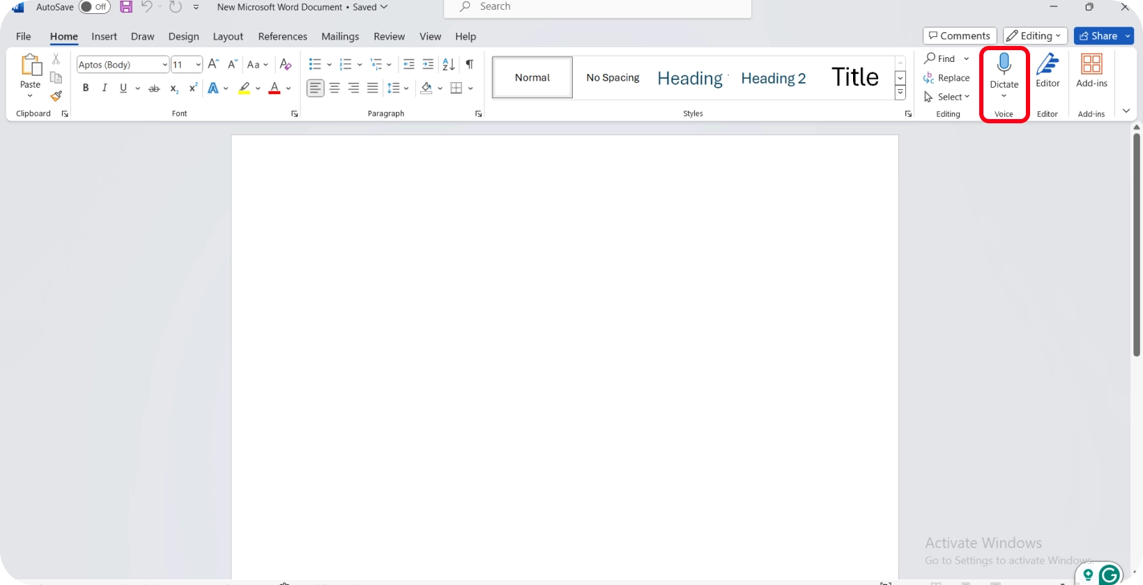 Microsoft Word interface with the dictate feature highlighted, ready for voice-to-text transcription.