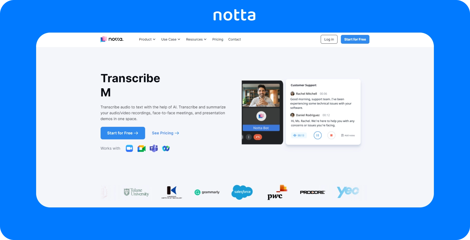 Página da Web de Notta apresentando transcrição com tecnologia AI para reuniões de áudio e vídeo com uma interface clara e centrada no usuário.