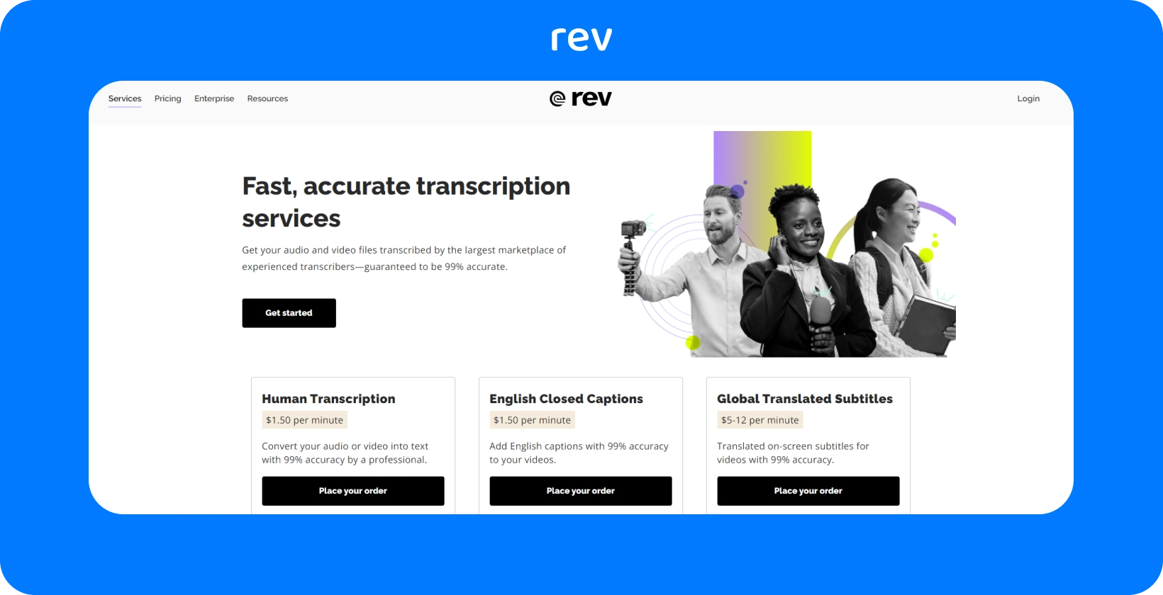 A página inicial do Rev destaca serviços de transcrição rápidos e precisos por profissionais, com uma garantia de precisão de 99%.
