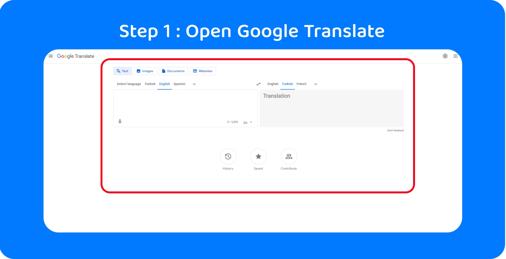 Google Išversti sąsają, paruoštą konvertuoti ištartus žodžius į tekstą, iliustruojant 1 veiksmą.